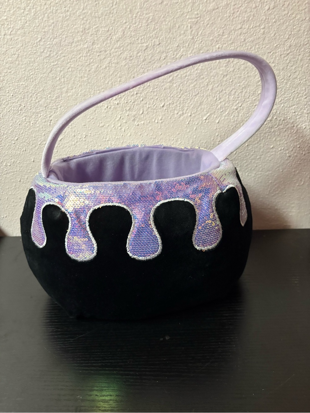 Halloween Plush Cauldron Candy Basket Black Purple Sequin Trick or Treat Bag - Picture 2 of 8